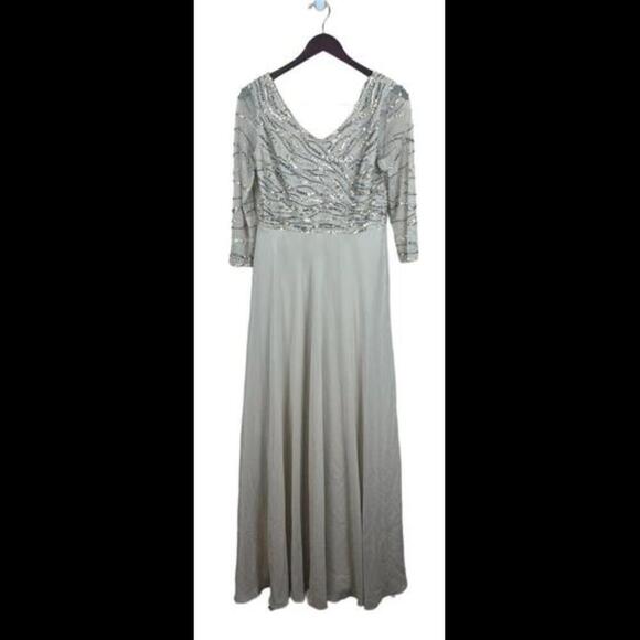 JKARA Womens Beige Chiffon Gown 3/4 Sleeve V Neck‎ Maxi Evening A-Line Dress 6 - Picture 1 of 4